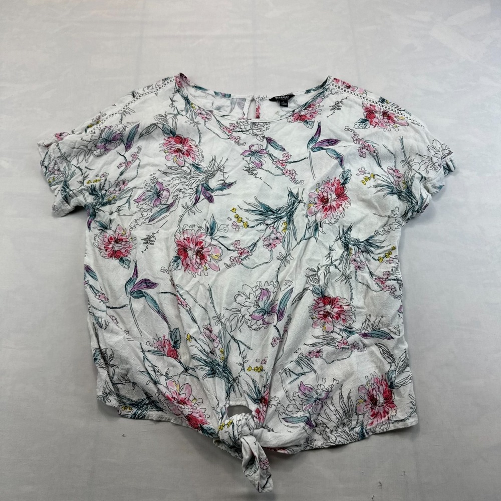 Buffalo David Bitton Top Womens Large White Pink Floral Knot Front Keyhole Back